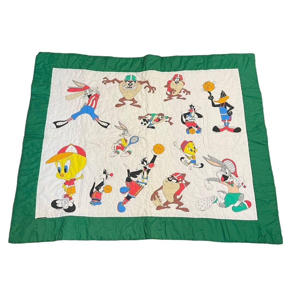 VTG Looney Tunes Quilt Blanket 49x39” Bugs Sylvester Tweety Taz Daffy Sports